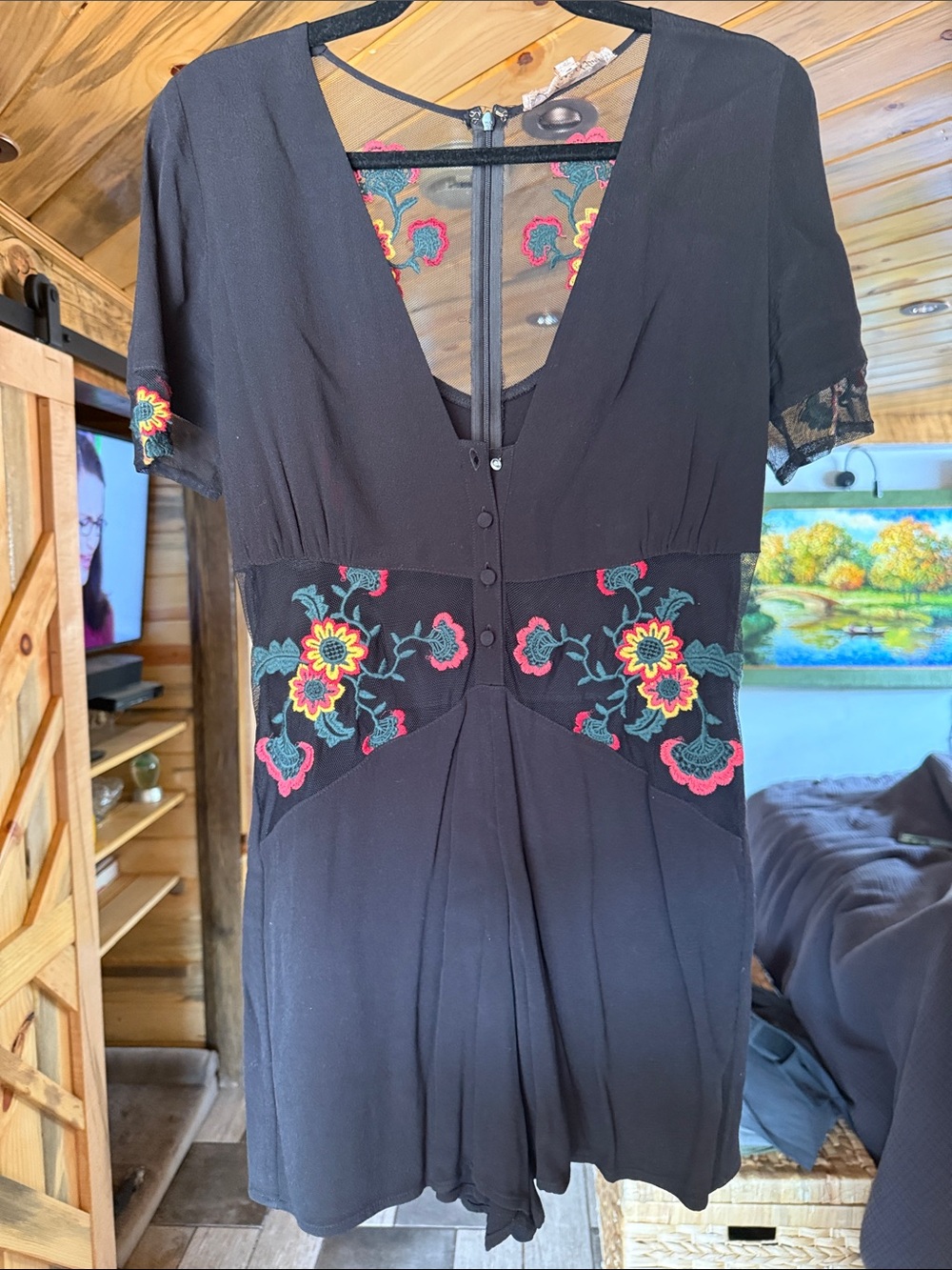 For Love and Lemons Black Embroidered V-Neck Romper
